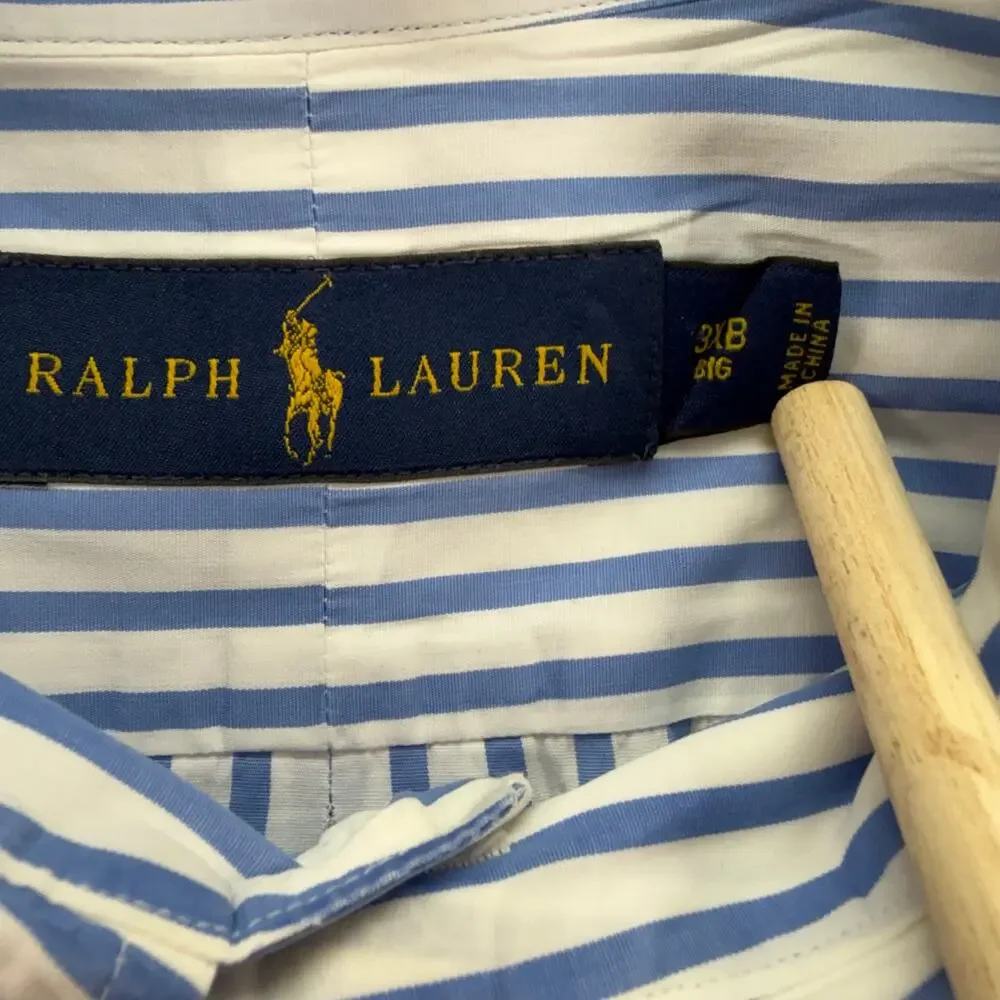 Polo Ralph Lauren Shirt Mens 3XB Blue White Stripe Button Up Long Sleeve Big